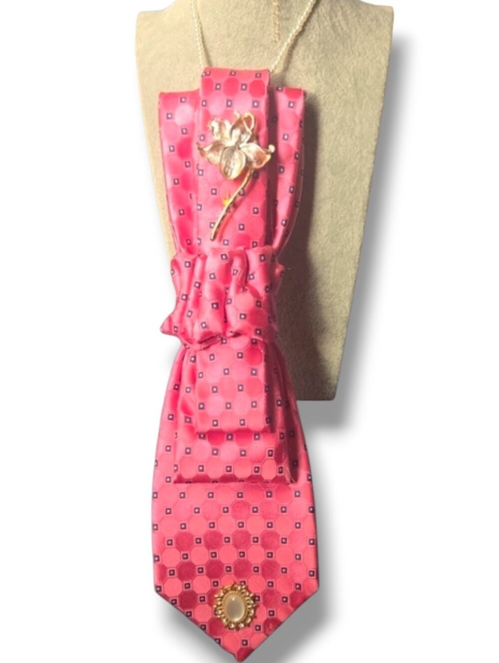 3/$60 Pink Geometric Crqvat with Gold Floral Brooch